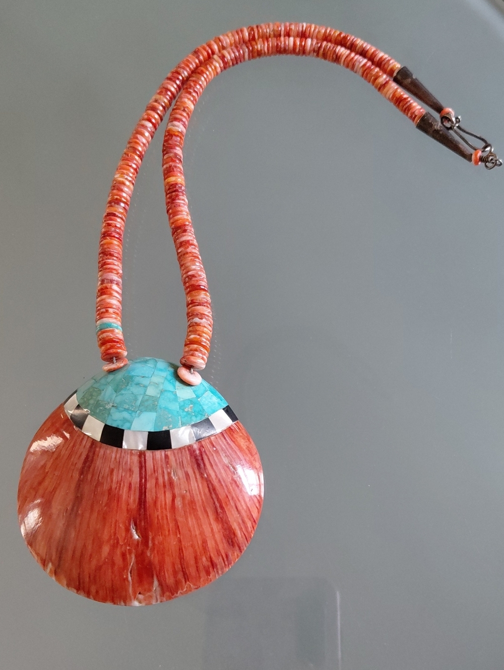 Vintage 925 Kewa Santo Domingo Turquoise Spiny Oyster Mosaic Shell Necklace